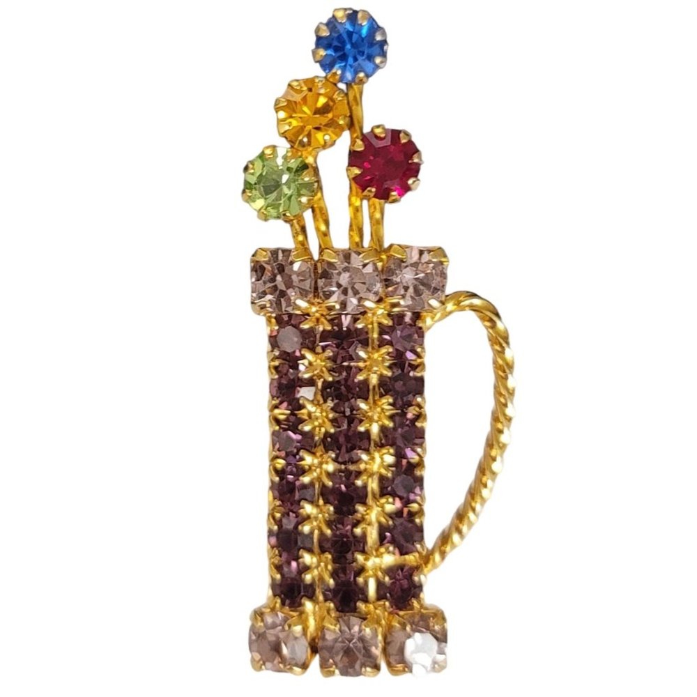 Gold Tone Purple Prong Set Rhinestone Golf Bag, Four Clubs Brooch Pin E52